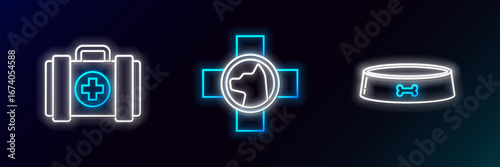 Set line Pet food bowl, first aid kit and Veterinary clinic symbol icon. Glowing neon. Vector