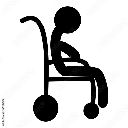 Elderly stick figure illustration of old person sitting in wheelchair, symbol of disability, healthcare, and aging support.