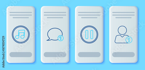Set line Speech bubble chat, Pause button, Music note, tone and Add friend icon. Vector