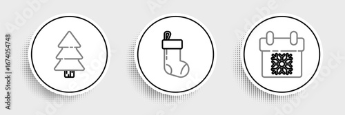 Set line Calendar, Christmas tree and stocking icon. Vector