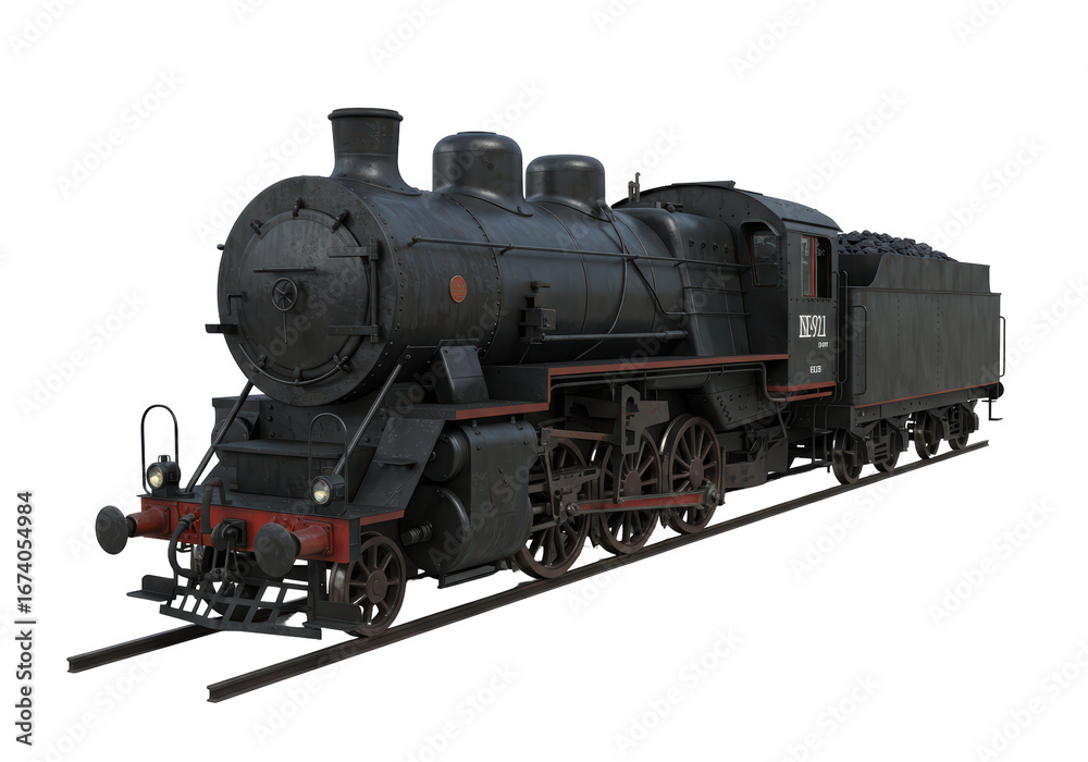 Fototapeta premium Isolated antique coal-powered locomotive on tracks, vintage industrial transportation equipment