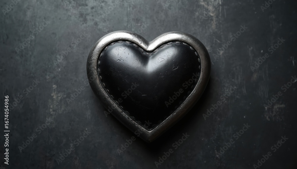 Obraz premium Bold black heart with metallic silver accents, subtle texture on dark moody background. Edgy symbol evokes industrial, gothic, passionate themes, perfect for design elements on Valentine cards