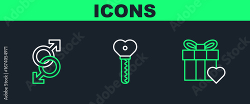 Set line Gift box and heart, Male gender symbol and Key in shape icon. Vector
