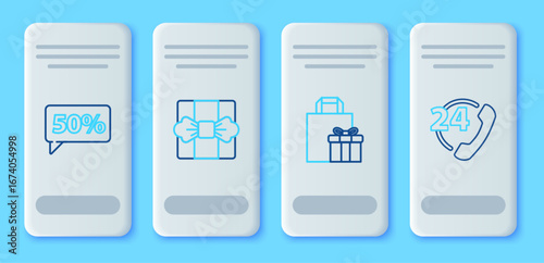 Set line Gift box, Fifty discount percent tag and Telephone 24 hours support icon. Vector
