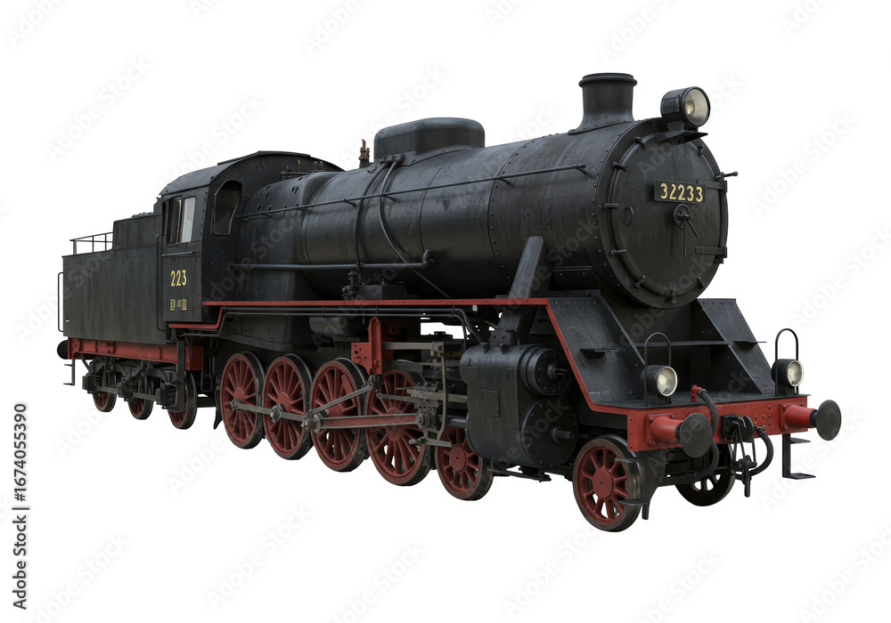 Fototapeta premium Isolated German steam locomotive of DRG Class 52, historic rail transport, transportation