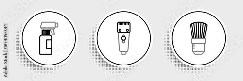 Set line Shaving brush, Hairdresser pistol spray bottle and Electrical hair clipper or shaver icon. Vector