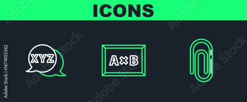Set line Paper clip, XYZ Coordinate system and Chalkboard icon. Vector