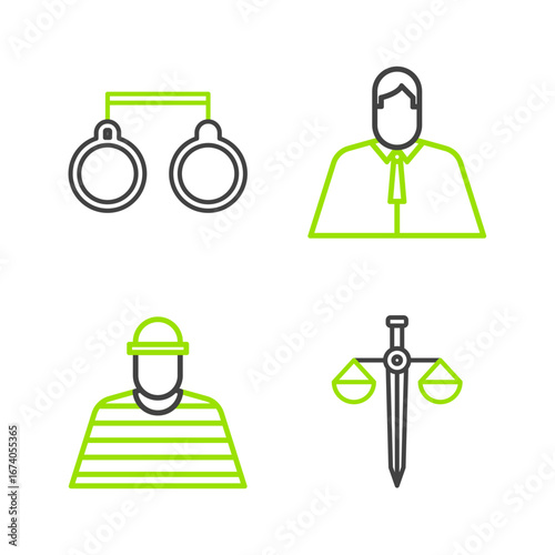Set line Scales of justice, Prisoner, Lawyer, attorney, jurist and Handcuffs icon. Vector