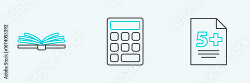Set line Test or exam sheet, Open book and Calculator icon. Vector