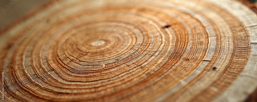 Fototapeta premium Detailed scan of sycamore tree rings texture. Natural brown aged wood pattern annual growth rings, rough bark. Close-up view of timber trunk surface with wood grain, suggesting rustic design.