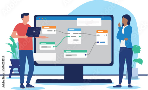 Working on software prototype on computer - Two people developers working on data, connecting nodes and doing abstract complex technology work. Flat design vector illustration with white background