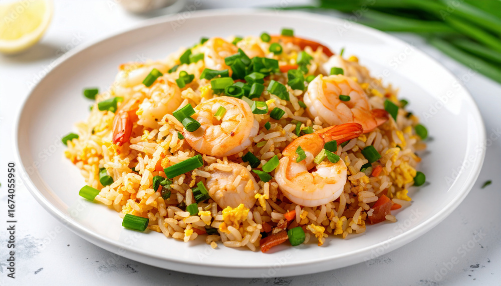 Shrimp fried rice with golden egg, vegetables, and fresh scallions, served on a white plate, delicious Asian cuisine, savory, colorful, and appetizing dish. Shrimp fried rice with golden egg, vegetables, and fresh scallions, served on a white plate, delicious Asian cuisine, savory, colorful, and appetizing dish.