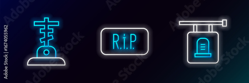 Set line Signboard tombstone, Grave with cross and Speech bubble rip death icon. Glowing neon. Vector
