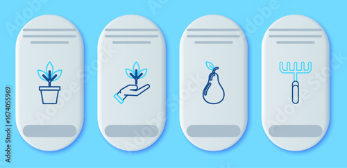 Set line Plant in hand of environmental protection, Pear, Flowers pot and Garden rake icon. Vector