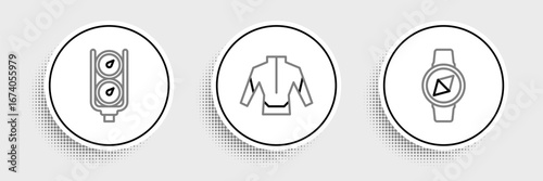 Set line Compass, Gauge scale and Wetsuit icon. Vector