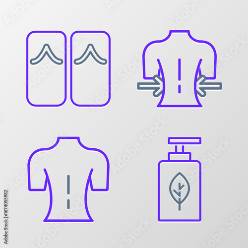 Set line Essential oil bottle, Massage, and Flip flops icon. Vector
