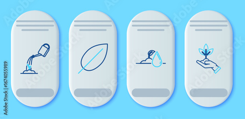 Set line Leaf, Watering sprout, can with water and Plant hand of environmental protection icon. Vector