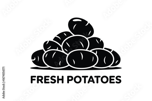 Fresh potatoes stacked high in a rustic black and white illustration style
