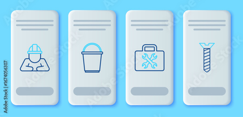 Set line Bucket, Toolbox, Builder and Metallic screw icon. Vector
