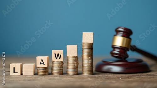Wallpaper Mural Wooden blocks spelling LAW with judge gavel and coins on blue background, justice and legal system concept for law, court, and finance themes Torontodigital.ca