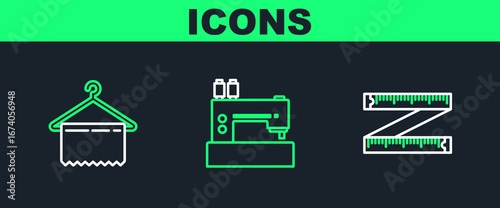 Set line Tape measure, Hanger wardrobe and Sewing machine icon. Vector
