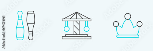 Set line Jester hat with bells, Bowling pin and Attraction carousel icon. Vector