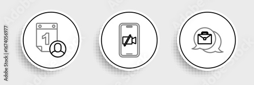 Set line Online working, Time management and Video camera Off on mobile icon. Vector