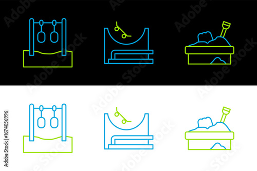Set line Sandbox with sand, Gymnastic rings and Skate park icon. Vector
