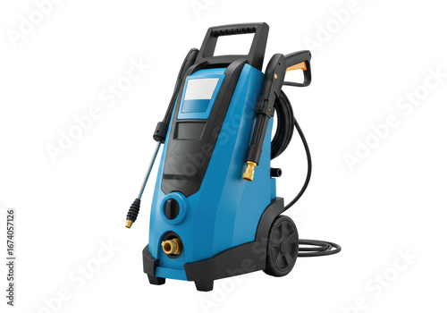 Isolated blue and black pressure washer machine for cleaning outdoors with accessories