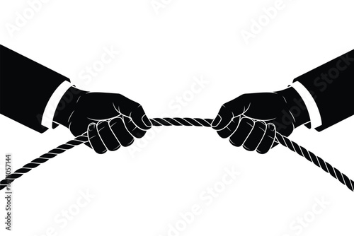 Two hands in suits pulling a rope in opposite directions symbolizing conflict