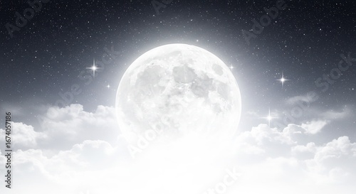 満月輝く夜空 雲海に包まれ神秘的 静かに光る星々. AI Generated