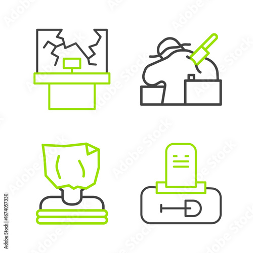 Set line Grave with tombstone, Kidnaping, Murder and Broken window icon. Vector