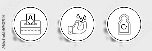 Set line Muslim Mosque, Donate or pay your zakat and Wudhu icon. Vector