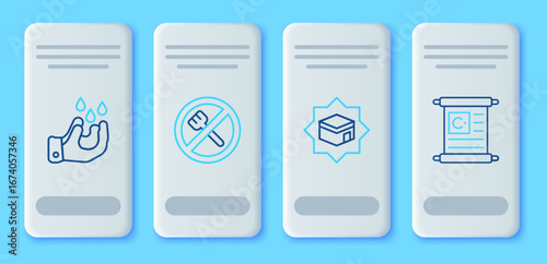 Set line Ramadan fasting, Kaaba mosque, Wudhu and Holy book of Koran icon. Vector