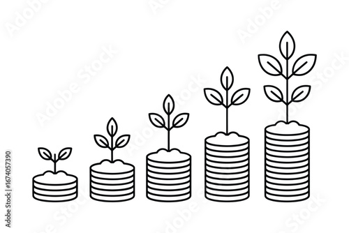 Growing plants on stacks of coins symbolizing financial growth and investment success