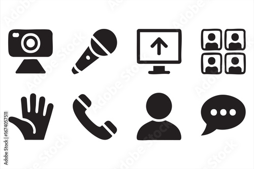 Online Meeting Icon Set with Webcam, Microphone, and Chat Symbols