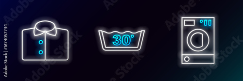 Set line Washer, T-shirt and Temperature wash icon. Glowing neon. Vector