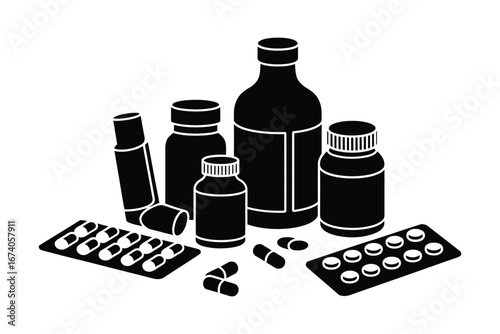Collection of various pharmaceutical bottles blister packs and capsules on a white background
