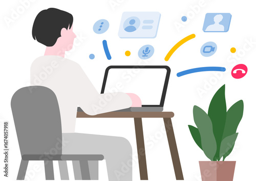 在宅勤務でオンライン会議をする男性