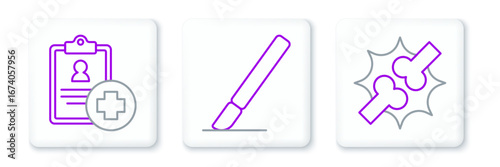Set line Joint pain, knee pain, Patient record and Surgery scalpel icon. Vector