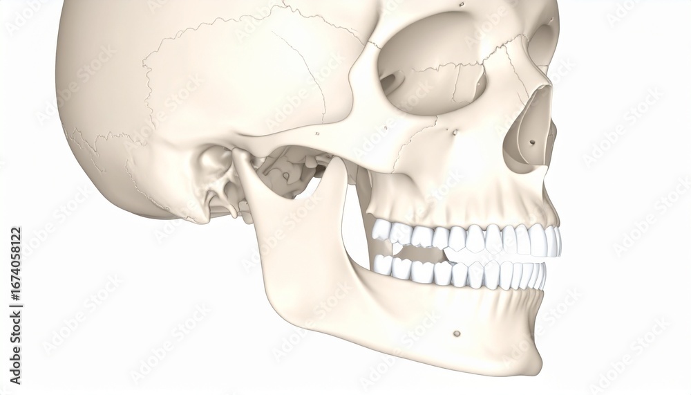 Fototapeta premium Detailed anatomical illustration of a human skull and jaw, highlighting teeth and jaw structure.