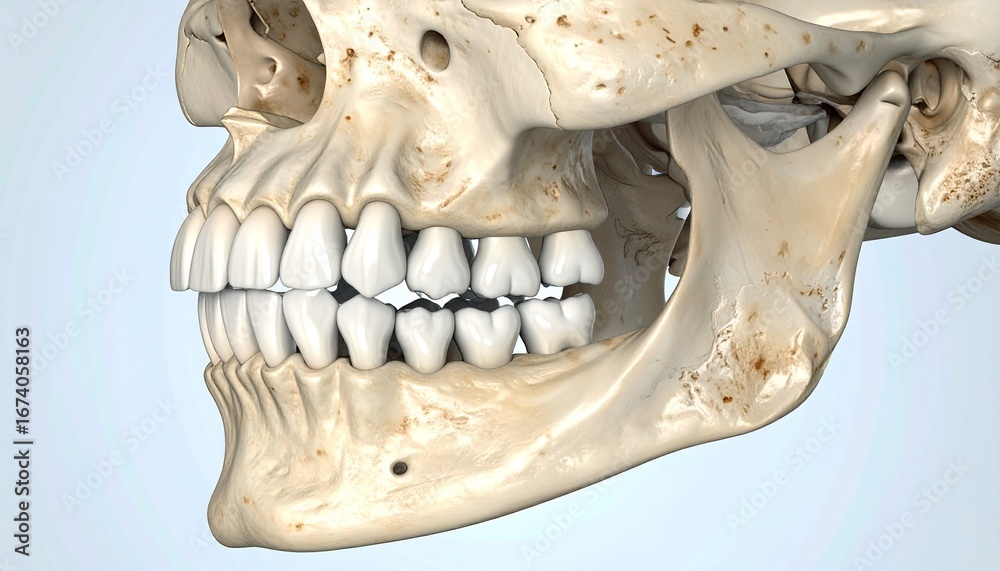 Naklejka premium 3D model of a child's skull and teeth, highlighting dental alignment.
