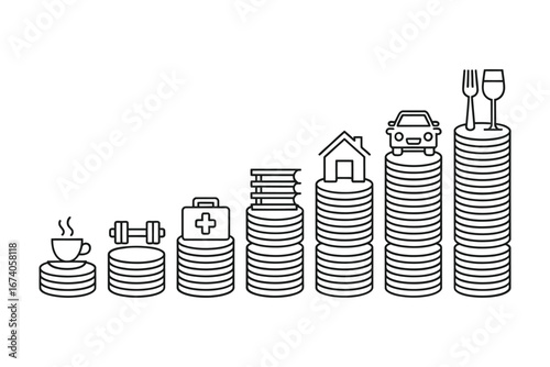 Increasing stacks of coins topped with icons representing life expenses and savings goals