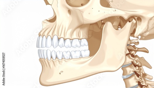 Detailed anatomical illustration of the human jaw, teeth, and part of the neck and spine.