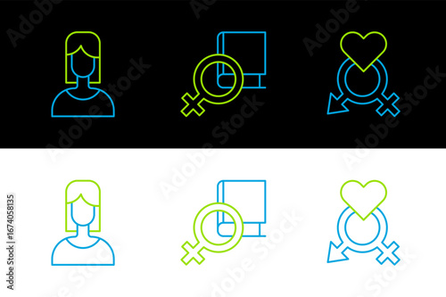 Set line Gender, Female and Book about women icon. Vector