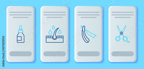 Set line Oil for hair care treatment, Straight razor, bottle and Scissors hairdresser icon. Vector