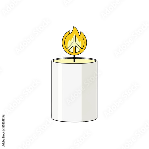 White Candle Burning with Peace Symbol Flame
