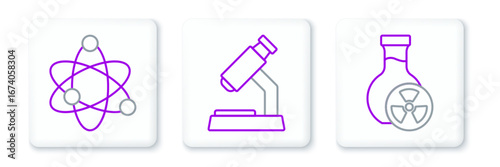 Set line Test tube with toxic liquid, Atom and Microscope icon. Vector