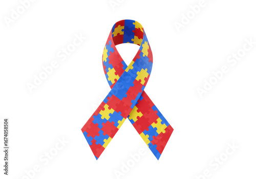 Isolated Autism Awareness Ribbon Symbol Made of Puzzle Pieces in Yellow, Red, and Blue