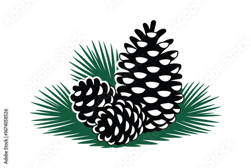 Three dark pine cones with green pine needles on a white background